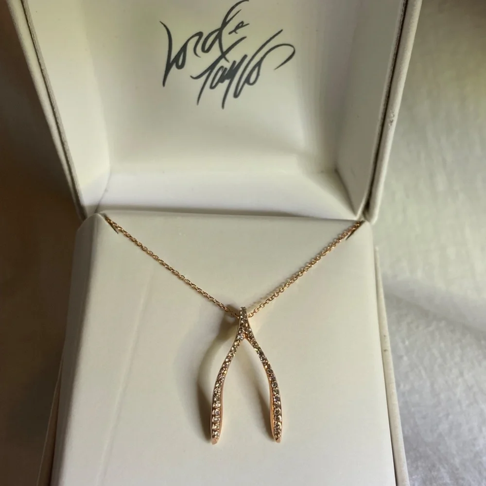 14K Rose Gold and Diamond Wishbone Necklace 18" - Picture 9 of 10